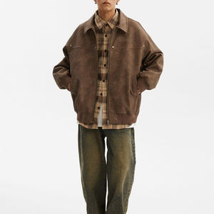 جاكيت رجالي مخصص من الجلد الصناعي بسحاب، جاكيت بومبر بتصميم عتيق لراكبي الدراجات النارية، معاطف أزياء الشارع - Product Image 2