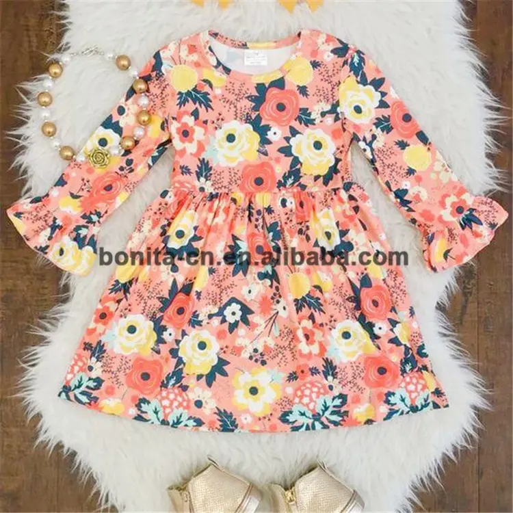 RTS Low MOQ Langarm Boutique Coral Floral Bell Sleeve Kinder kleidung Kleid Design Baby Mädchen Kleid