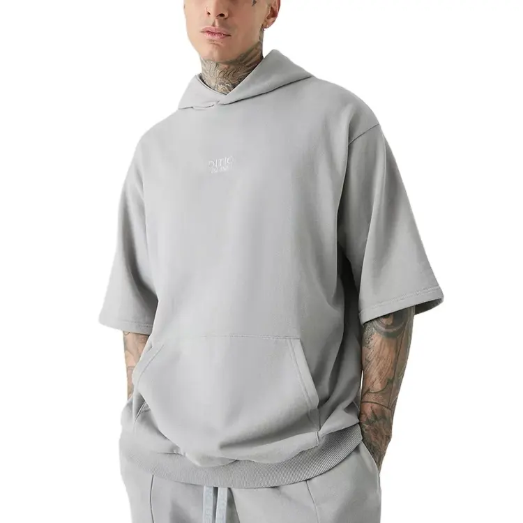 Gray Custom Logo Oversized Boxy Heavyweight Men Embroider Short Sleeve Hoodie