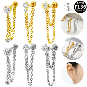 Boucles d'oreilles chaîne en forme de cœur en alliage de titane G23, sertissage à griffes, pour soirée, bijoux de piercing unisexe tendance - Product Image 1