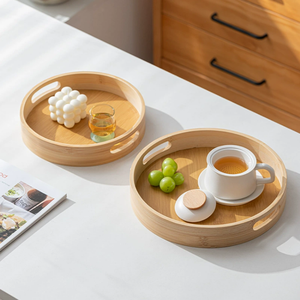 Plato de taza de té de madera de bambú, vajilla elegante con asas de utensilios, bandeja sólida para ocasiones de fiesta de CENA DE Hotel - Product Image 6