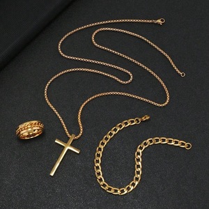 Hip Hop 18K Plaqué Or En Acier Inoxydable Croix Pendentif Collier De Mode Hommes Croix Pendentif Collier Bracelet Anneau Ensemble De Bijoux - Product Image 1