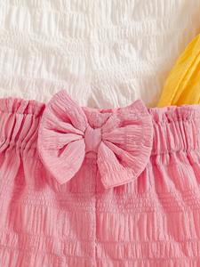 Atmungsaktive, gestrickte, bedruckte, dreidimensionale Schleifen-Baby-Mädchen-Shorts, 100 % Polyester, 4-teiliges Sommerkleidungsset, Baby-Shorts - Product Image 3