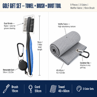 Kit d'accessoires de nettoyage de golf OEM 9 pièces : Serviette gaufrée, Brosse à rainures, Outil de réparation de divots, Marqueur de balle