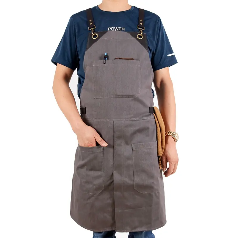 CHANGRONG Custom Gray Durable Split Leg Denim Barista Bartender Apron With Leather Reinforcement