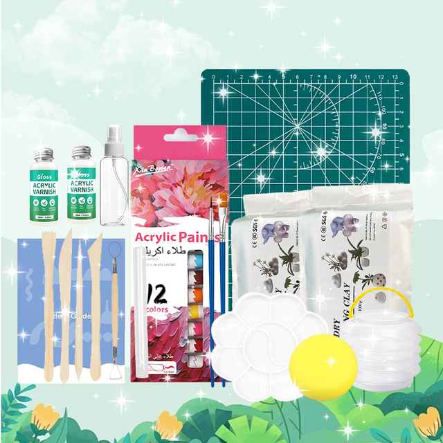 Air Dry Pottery Kit for Beginners and Adults DIY Craft Set with Tools Acrylic Paints Varnish Clay Stick Ideal Pottery Gift