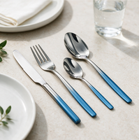 Ensemble de couverts jetables classiques en acier inoxydable 410, finition miroir, manche fin, finition bleue, couteau, fourchette, cuillère, pour fête