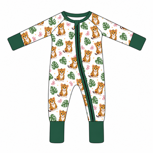 Toptan Özel Baskılı Benekli Leopar %95 Bambu Viskon %5 Spandeks Bebek Tulumu Çift Yönlü Fermuarlı Yenidoğan Bebek Pijaması - Product Image 1