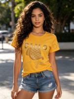 T-shirt décontracté à col rond pour femme avec lettres en strass, imprimé alphabet scintillant, vente en gros directe d'usine, été