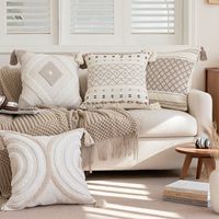 Housse de coussin carrée en coton et lin, style bohème, brodée, à franges, pour canapé, salon, dossier de lit, rayée, géométrique
