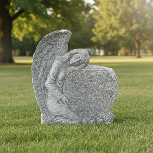 Sculpture commémorative personnalisée en pierre naturelle grise avec ange sculpté et <span class=keywords><strong>plaque</strong></span> en forme de cœur <span class=keywords><strong>pour</strong></span> <span class=keywords><strong>tombe</strong></span> ou cimetière - Product Image 2