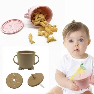 3pcs/套婴儿趣味可折叠小吃杯带盖和手柄婴儿硅胶零食收纳杯便携式零食碗