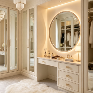 <span class=keywords><strong>Dressing</strong></span> Moderne de Luxe Personnalisé avec Portes Miroir en Bois Massif Blanc Crème, Armoire Plafond-Plancher et Unité de Rangement à Tiroirs Grande Capacité - Product Image 2