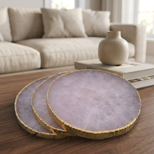 Juego de Posavasos de Cristal de Amatista Hechos a Mano, Circulares con Borde Dorado Pulido, Decoración para el Hogar, Placa de Piedra Feng Shui, Artesanía Natural Duradera - Product Image 1
