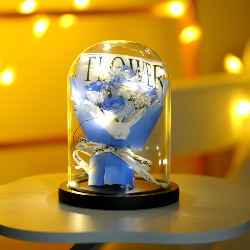 กุหลาบ 5 ดอก สีน้ำเงินน้ำแข็งบด A (กระดาษสีน้ำเงิน)