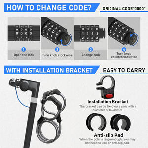 Candado de Cable de Acero <span class=keywords><strong>Antirrobo</strong></span> con Combinación de 4 Dígitos, Candado de Doble Cabeza Tipo Esposas para <span class=keywords><strong>Bicicleta</strong></span> Eléctrica con Soporte - Product Image 6