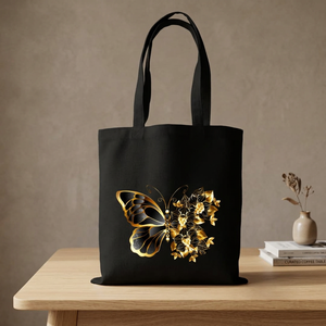 Sac fourre-tout élégant en toile noire minimaliste avec motif floral papillon doré, résistant à l'eau, fermeture magnétique pour le voyage et toutes les occasions - Product Image 3