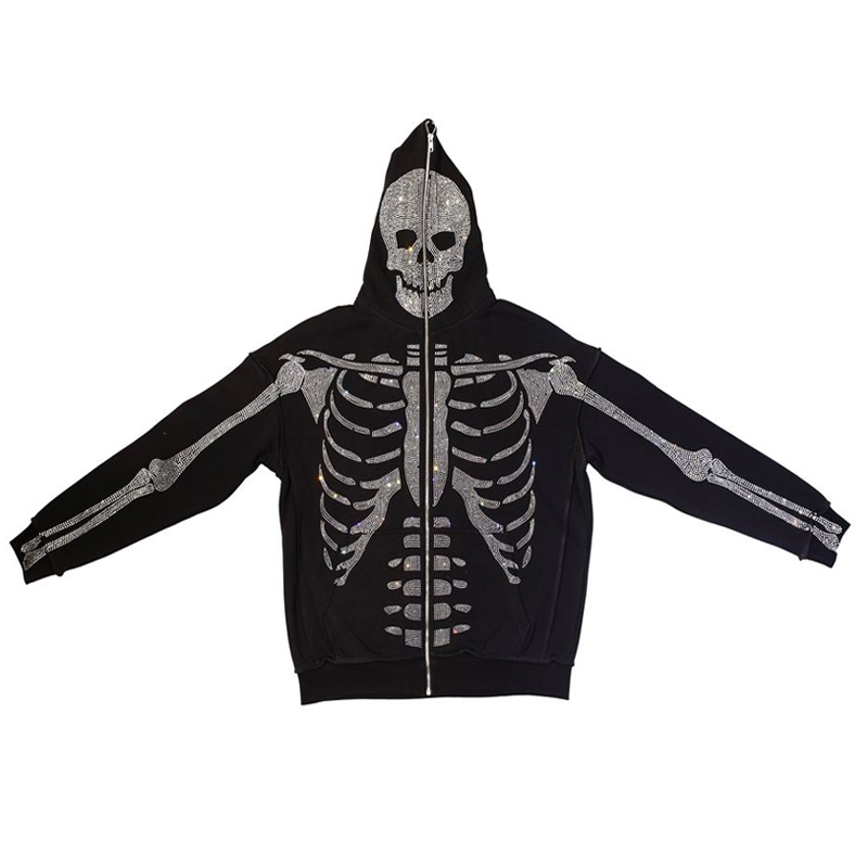 Custom Skeleton Rhinestone Zip up Hoodie - High Quality