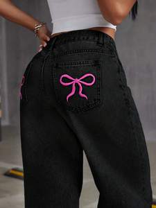 Jeans <span class=keywords><strong>Femme</strong></span> Taille Haute Droit Ample Nœud <span class=keywords><strong>Style</strong></span> <span class=keywords><strong>Baggy</strong></span> Extensible Denim Délavé Été Réduction Âge Pantalon Large Jambe Hip Hop - Product Image 2