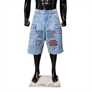 Light Wash <b>Denim</b> <b>Cargo</b> <b>Shorts</b> <b>Men</b> Patchwork Embroidery Cotton Spandex High Waist Vintage Eco-Friendly Casual Streetwear - Product Image 1