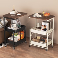 Chariot de rangement mobile pliable en métal à 3 niveaux avec plateau en bois pour snacks