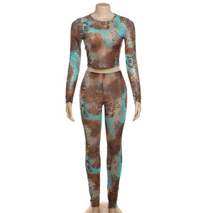 Gradient Lưới In 2 Mảnh Thiết Lập Phụ Nữ Hấp Dẫn Dài Tay Áo Crew Cổ T-Shirts + Slim Cao Eo Quần Nữ Xu Hướng Trang Phục - Product Image 5