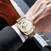Montre automatique squelette phase de lune haut de gamme avec bracelet en acier inoxydable, montre-bracelet mécanique de luxe pour homme, mode et affaires