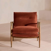 Ensemble Fauteuil d'appoint Ergonomique Minimaliste en Velours Terracotta et Ottoman, Fait Main, Pieds en Noyer et Laiton, Écologique, pour Salle à Manger et Hôtel