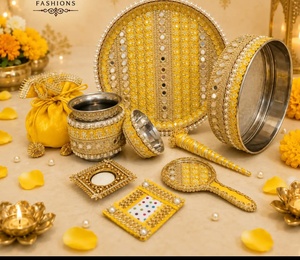 FASHIONS Handmade Orange KARWACHAUT Brocade Thali Set with Mirror Candle Holder <b>Lota</b> High Quality Hot Selling Indoor Bridal Gift - Product Image 5