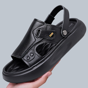 Sandales de plage pour hommes en cuir véritable, semelle épaisse et confortable, bride arrière convertible, chaussures d'été pour la marche en plein air - Product Image 2