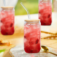 Gobelet en verre borosilicate écologique de 350 ml et 500 ml, style canette de bière, avec couvercle en bambou, paille réutilisable, anti-fuite, compatible lave-vaisselle