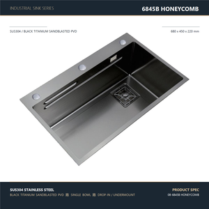 Évier de cuisine à cuve unique 680x450mm en acier inoxydable 304 noir canon de fusil PVD motif nid d'abeille, avec robinet extractible - Product Image 1