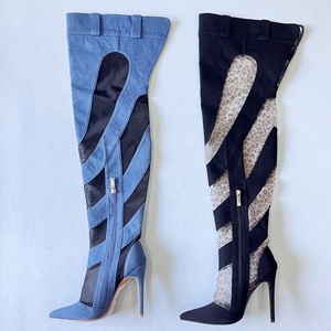 Wholesale Mesh Cut Out Women's Over Knee High Boots Denim Stiletto Heels Leopards <b>Shoes</b> Side Zipper Summer Long Booties - Product Image 5