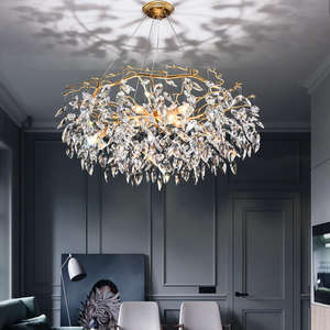 Decoración del hogar Lámpara colgante de oro Sala de estar Arte moderno Led Raindrop Crystal Leaf Chandelier - Product Image 3