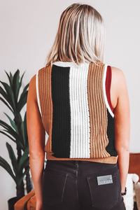 2025 <strong>Wholesale</strong> Chic Clothes Customized Women Summer Sleeveless Khaki Stripe Color Block Sleeveless Knitted <strong>Sweater</strong> - Product Image 3
