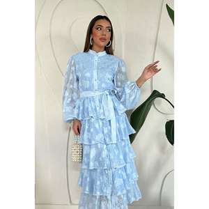 Robe trapèze superposée bleu ciel à taille naturelle en tissu translucide pour usage quotidien décontracté - Product Image 3