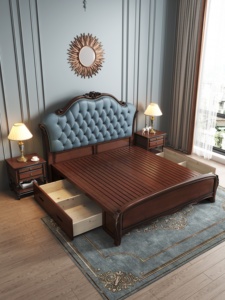 Lit king-size capitonné de luxe, lit queen-size classique en bois avec tête de lit capitonnée, meubles de chambre élégants pour la maison - Product Image 3