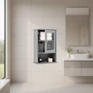 Armoire de rangement pour salle de bain en MDF gris avec porte en verre, design moderne, 3 étagères, montage mural pour salle de bain - Product Image 2