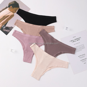 Women's Solid Knitted Seamless Cotton Panties G <strong>String</strong> <strong>Thong</strong> with Custom Logo on Waist - Product Image 1
