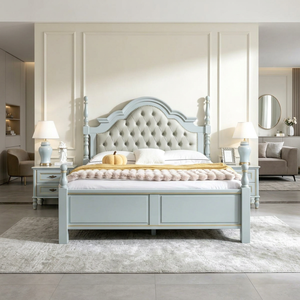 Cama elegante con poste de madera maciza, cabecera tapizada en azul claro con botones, cama con plataforma para dormitorio principal, muebles para el hogar - Product Image 1