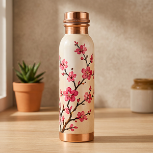 Modern Pink Flower Pattern <b>Water</b> <b>Bottle</b> with Copper Lid Portable <b>Metal</b> Flask for Home Use - Product Image 1