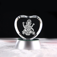 Statues de Ganesh en gravure laser 3D, base en verre cristal en forme de cœur avec lumière LED pour cadeaux religieux