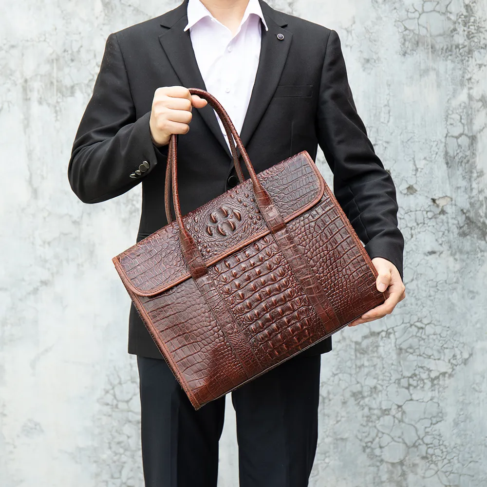 Custom OEM ODM Hign End Luxury pelle di vacchetta da uomo modello coccodrillo borsa per Laptop in pelle di mucca borsa valigetta