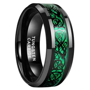 Coolstyle Jewelry 6mm 8mm Carbon Fiber Green Dragon Inlay Black Tungsten Ring Men Women Engagement Wedding Band Comfort Fit