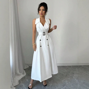 <span class=keywords><strong>Robe</strong></span> longue trapèze élégante <span class=keywords><strong>pour</strong></span> femme, col en V, sans manches, double boutonnage, <span class=keywords><strong>ceinture</strong></span> à nouer, <span class=keywords><strong>taille</strong></span> <span class=keywords><strong>haute</strong></span>, couleur unie, <span class=keywords><strong>pour</strong></span> le bureau et le quotidien - Product Image 3