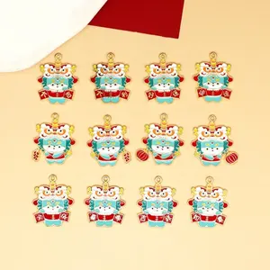 Double Side DIY Enamel Dragon Lion Dance Charms Pendant for Earring Necklace Handmade Jewelry Making Chinese New Year