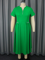 Robe décontractée verte de Noël, col en V, manches courtes, taille plus, coupe trapèze, simple et basique, AM050447