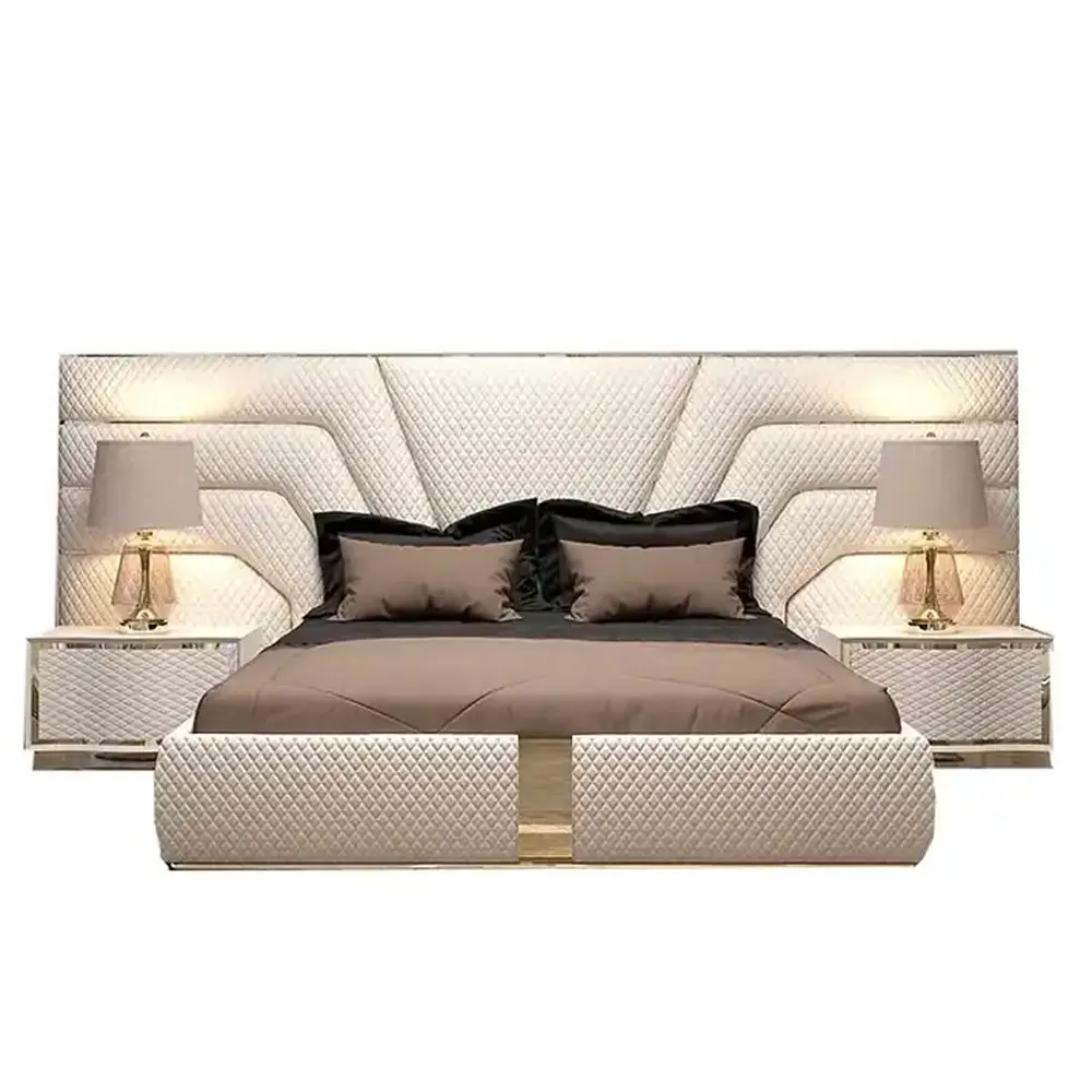 Cama italiana Nuevo estilo Marco de madera maciza King Size Velvete Camas dobles Otro dormitorio Cama de lujo con tela