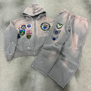 OEM Custom Acid Wash Sweat Suits Distressed Reiß verschluss Stickerei Sun Faded Overs ized Trainings anzüge Hoodies und Jogging hosen Sets