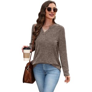 Pull col en V pour femme, manches longues, coupe ample, haut décontracté d'automne, tricot anti-boulochage - Product Image 3